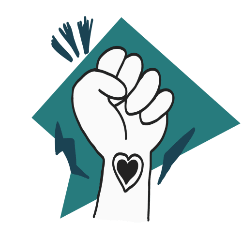 A stylised illustration of a clenched first with a heart tattoo representing love